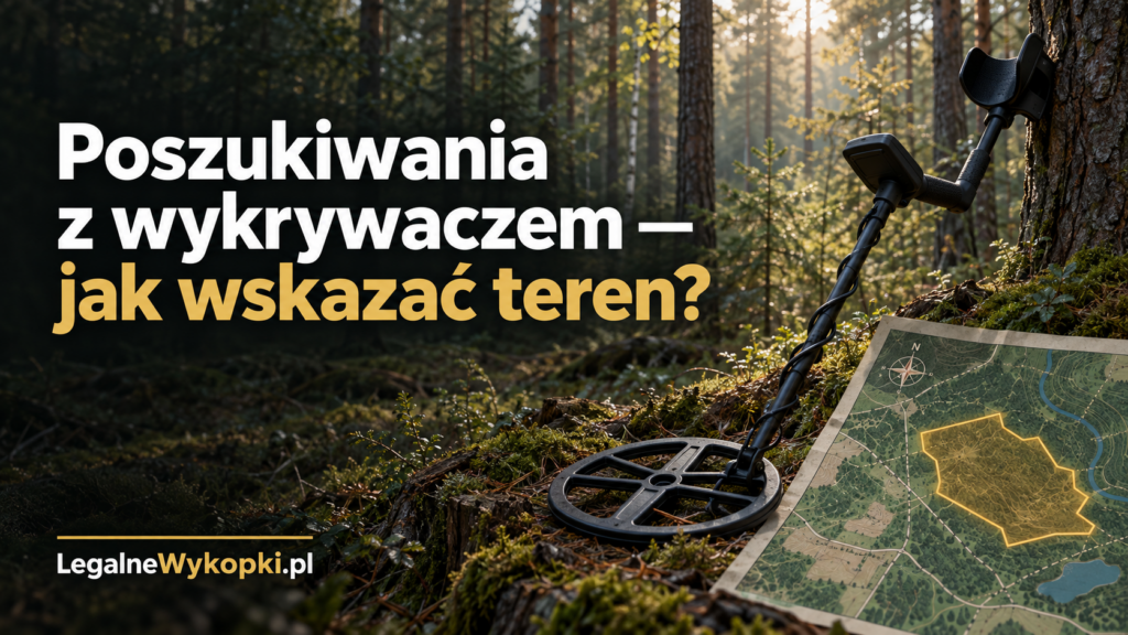 Wykrywacz metali w lesie i ilustracyjna mapa z zaznaczonym terenem poszukiwań